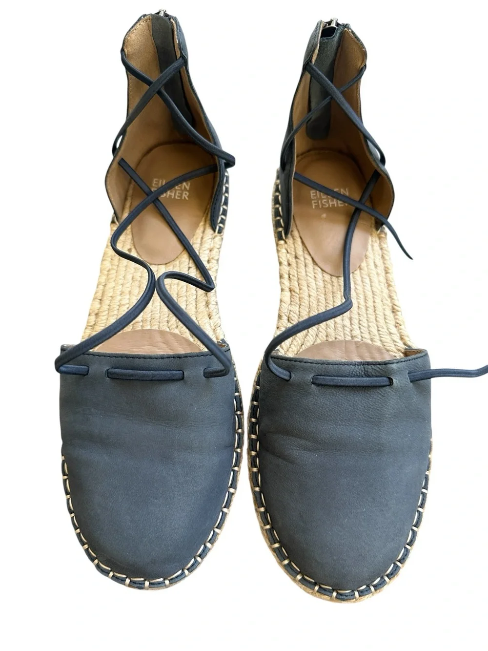 Eileen Fisher Espadrille Flats Navy Leather Ankle Wrap Size 7.5